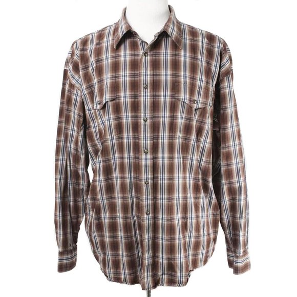 PANHANDLE Slim Brown & Navy Plaid Pearlized Snap Western Shirt Size Men's XL - Picture 1 of 5